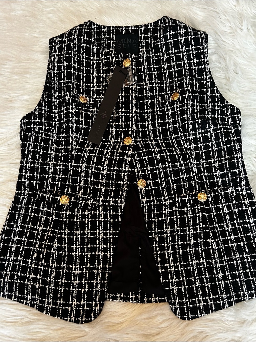 Black & White Tweed Sleeveless Vest with Gold Buttons by